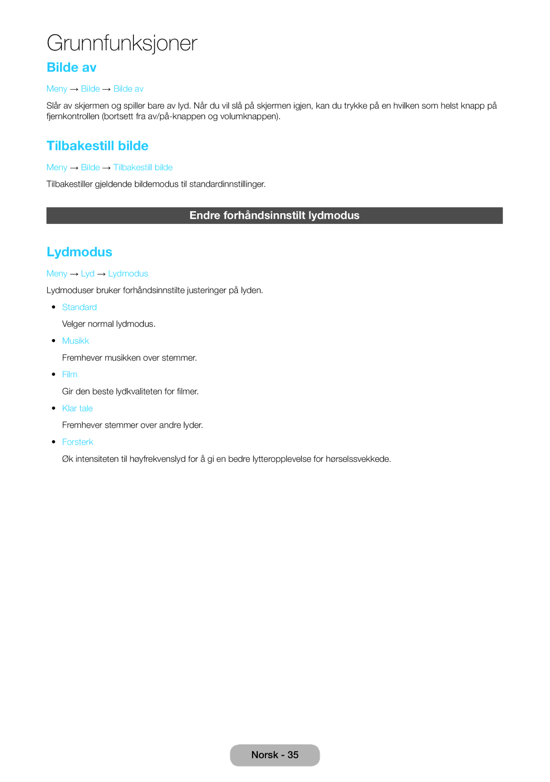 Samsung LT27D390EW/XE, LT22D390EW/XE, LT24D391EX/XE Bilde av, Tilbakestill bilde, Lydmodus, Endre forhåndsinnstilt lydmodus 