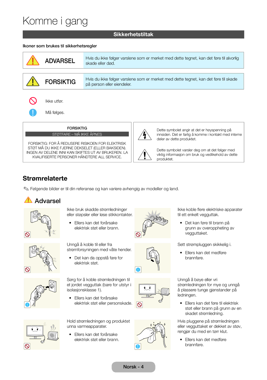 Samsung LT24D590EW/XE, LT22D390EW/XE, LT24D391EX/XE, LT27D590EW/XE, LT27D390EX/XE manual Strømrelaterte, Sikkerhetstiltak 