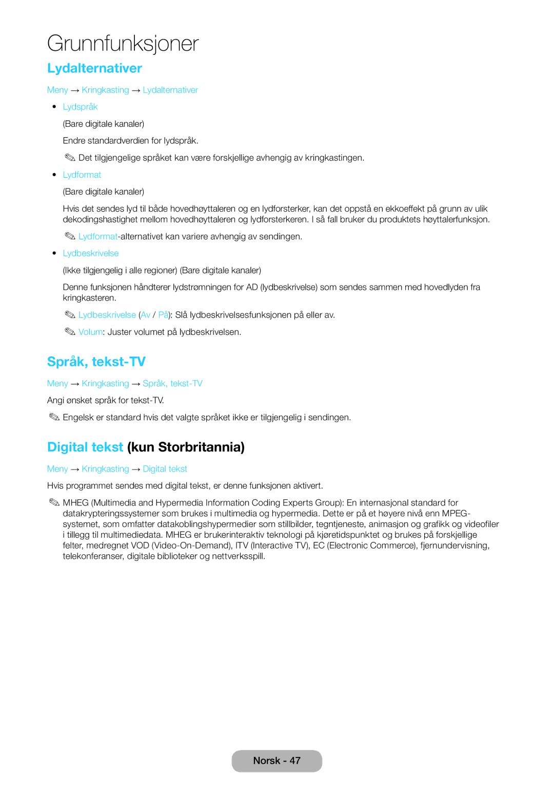 Samsung LT27D590EW/XE, LT22D390EW/XE, LT24D391EX/XE manual Lydalternativer, Språk, tekst-TV, Digital tekst kun Storbritannia 