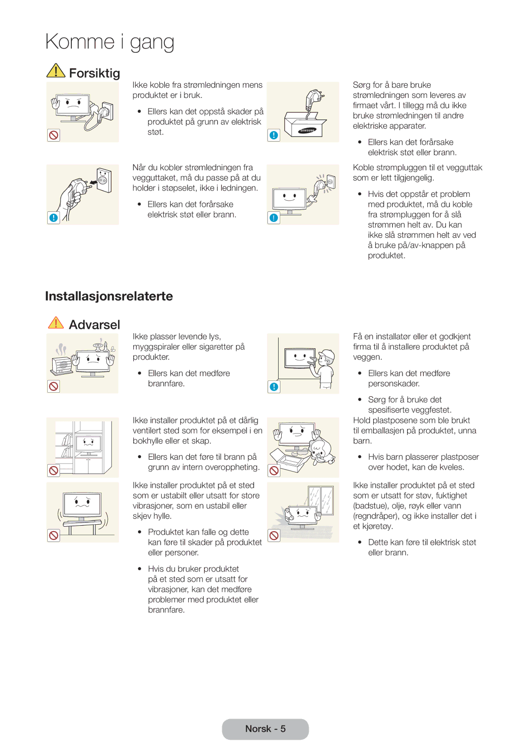 Samsung LT22D390EX/XE, LT22D390EW/XE, LT24D391EX/XE, LT27D590EW/XE, LT27D390EX/XE manual Forsiktig, Installasjonsrelaterte 