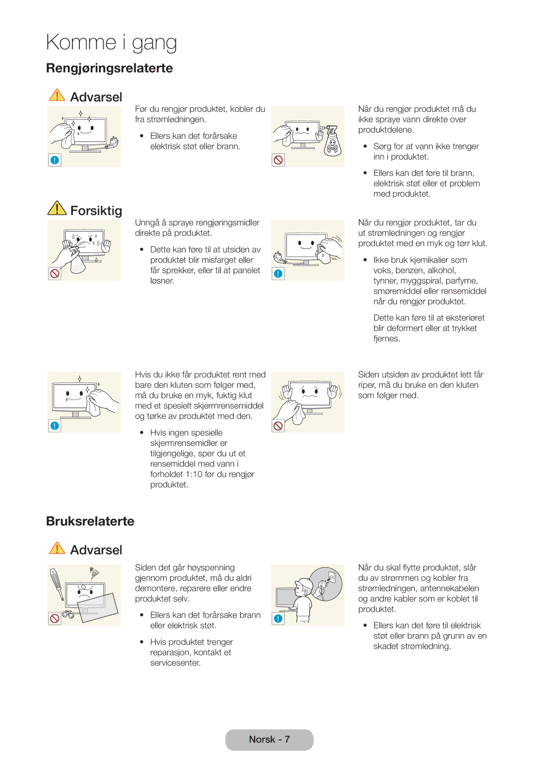 Samsung LT24D390EX/XE, LT22D390EW/XE, LT24D391EX/XE, LT27D590EW/XE, LT27D390EX/XE manual Rengjøringsrelaterte, Bruksrelaterte 