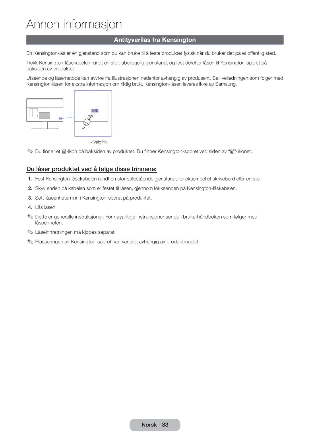 Samsung LT27D590EW/XE, LT22D390EW/XE manual Antityverilås fra Kensington, Du låser produktet ved å følge disse trinnene 