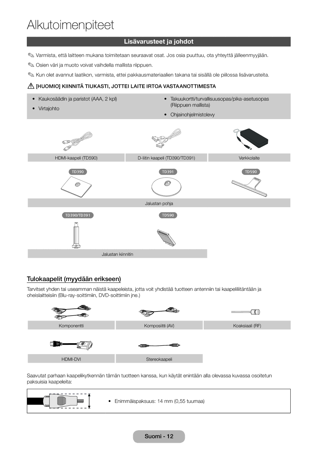 Samsung LT27D390EX/XE, LT22D390EW/XE, LT24D391EX/XE, LT27D590EW/XE Lisävarusteet ja johdot, Tulokaapelit myydään erikseen 