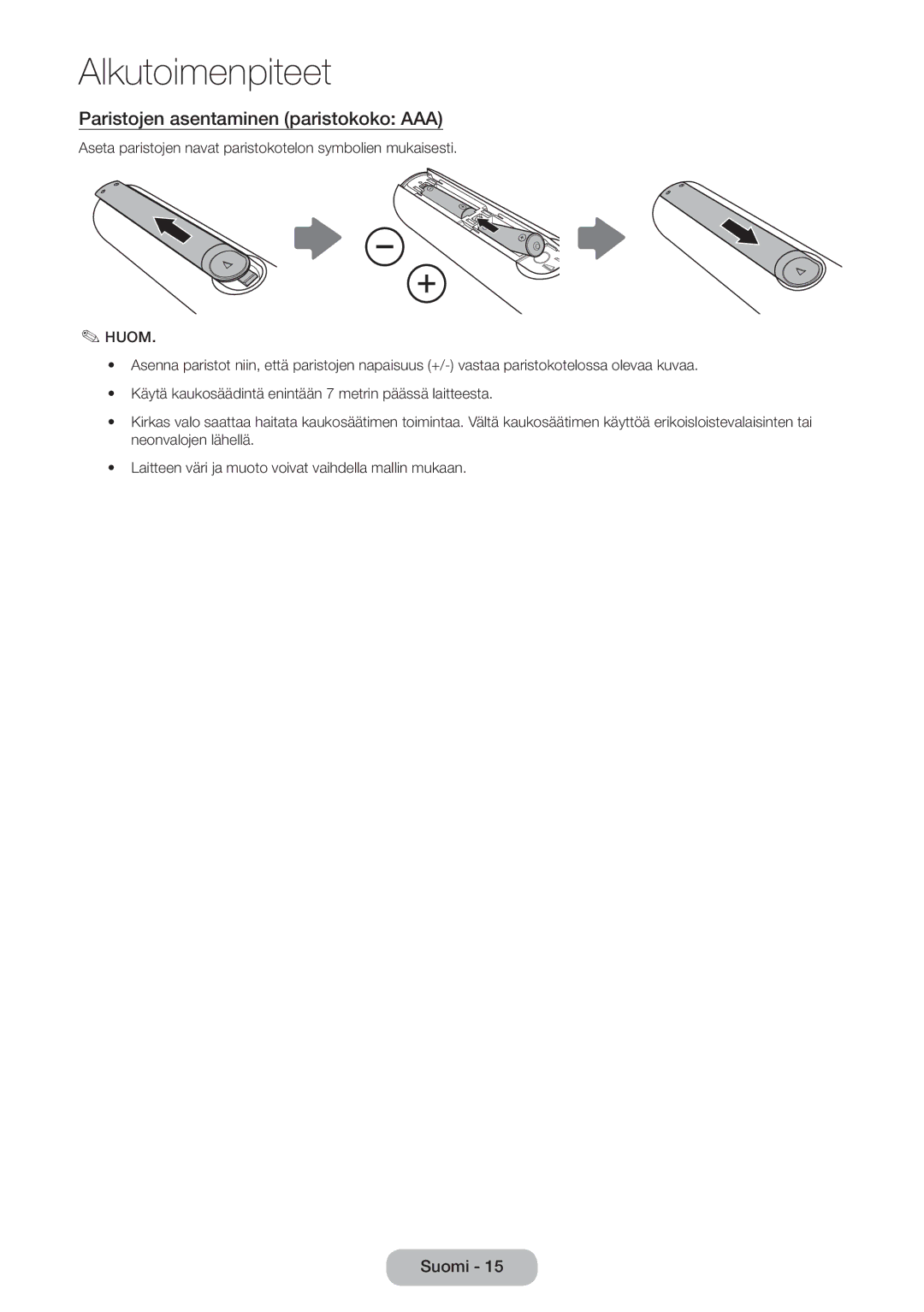 Samsung LT24D390EW/XE, LT22D390EW/XE, LT24D391EX/XE, LT27D590EW/XE manual Paristojen asentaminen paristokoko AAA, Huom 