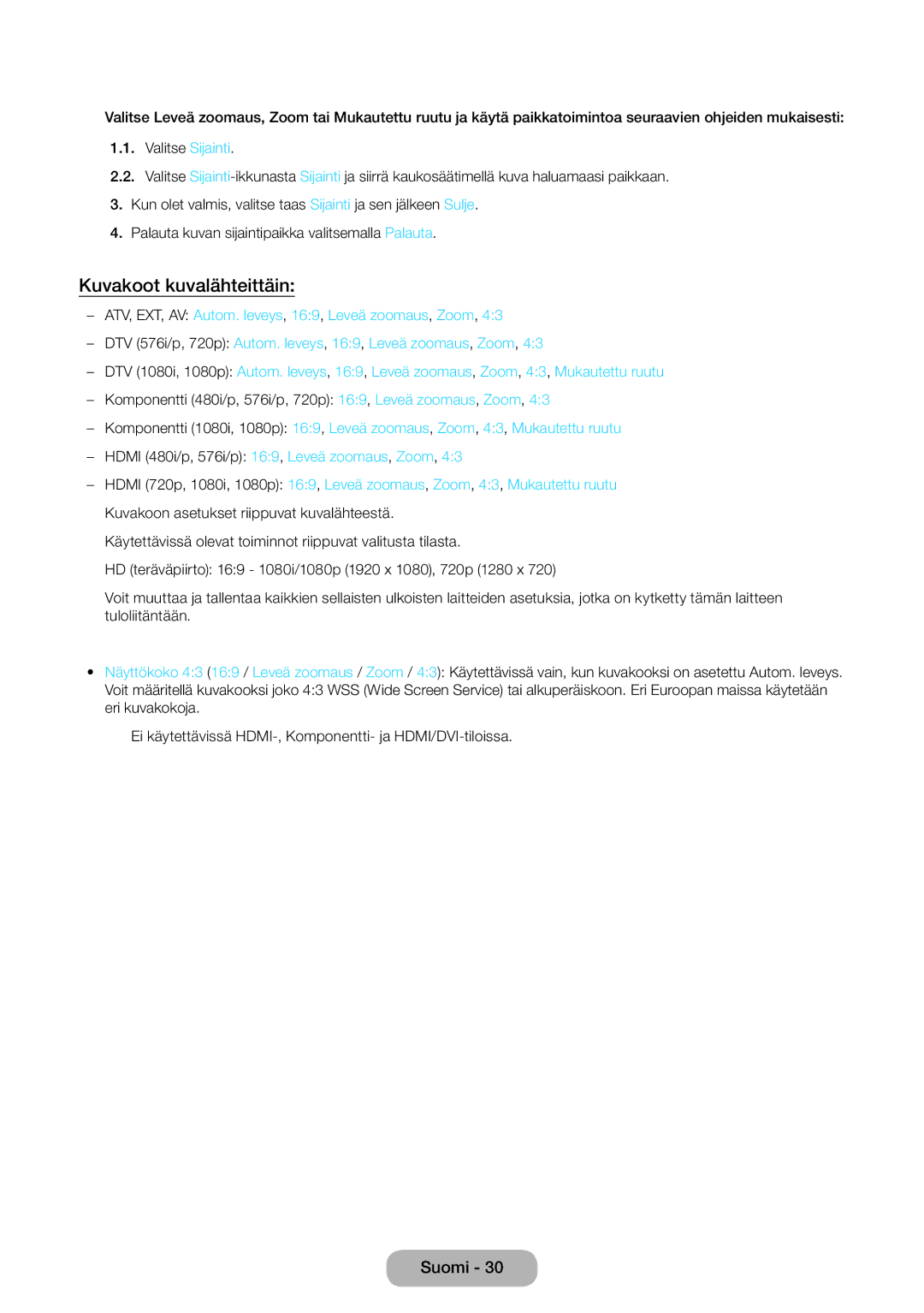 Samsung LT27D390EX/XE, LT22D390EW/XE, LT24D391EX/XE, LT27D590EW/XE, LT24D590EW/XE, LT22D390EX/XE manual Kuvakoot kuvalähteittäin 