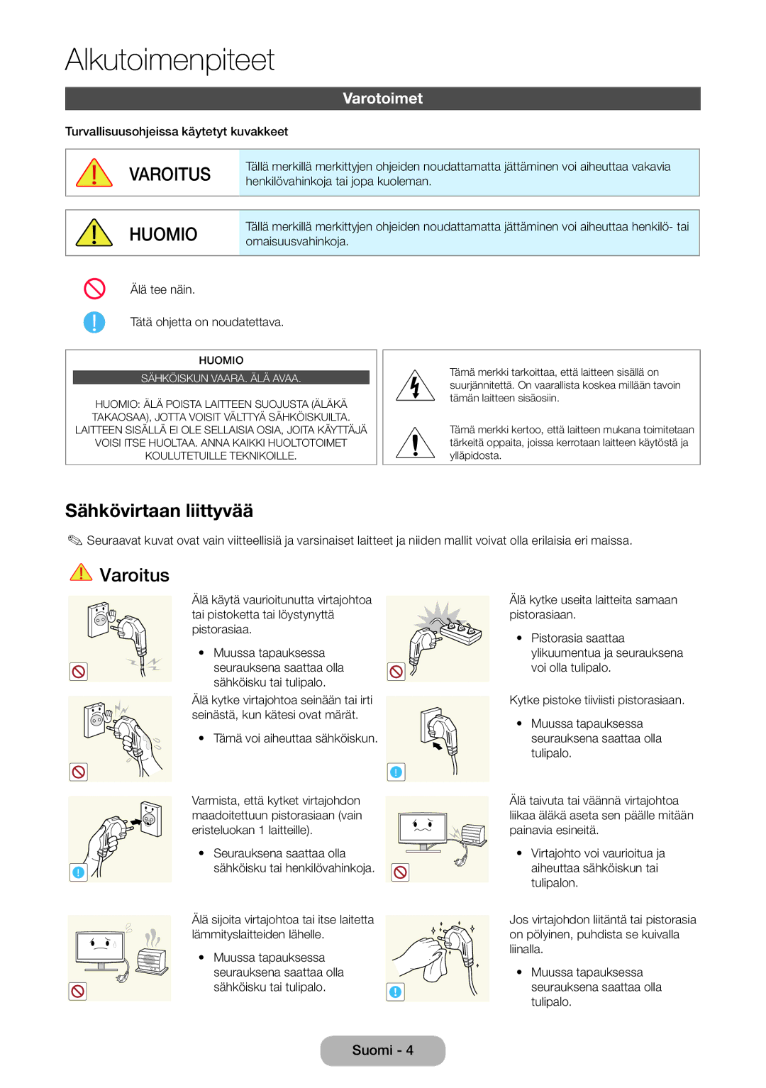 Samsung LT24D590EW/XE, LT22D390EW/XE, LT24D391EX/XE, LT27D590EW/XE, LT27D390EX/XE manual Sähkövirtaan liittyvää, Varotoimet 