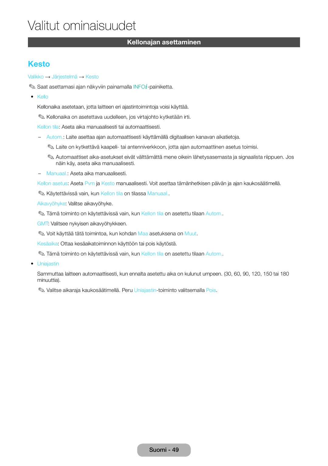 Samsung LT24D590EW/XE, LT22D390EW/XE, LT24D391EX/XE Kellonajan asettaminen, Valikko → Järjestelmä → Kesto, Uniajastin 