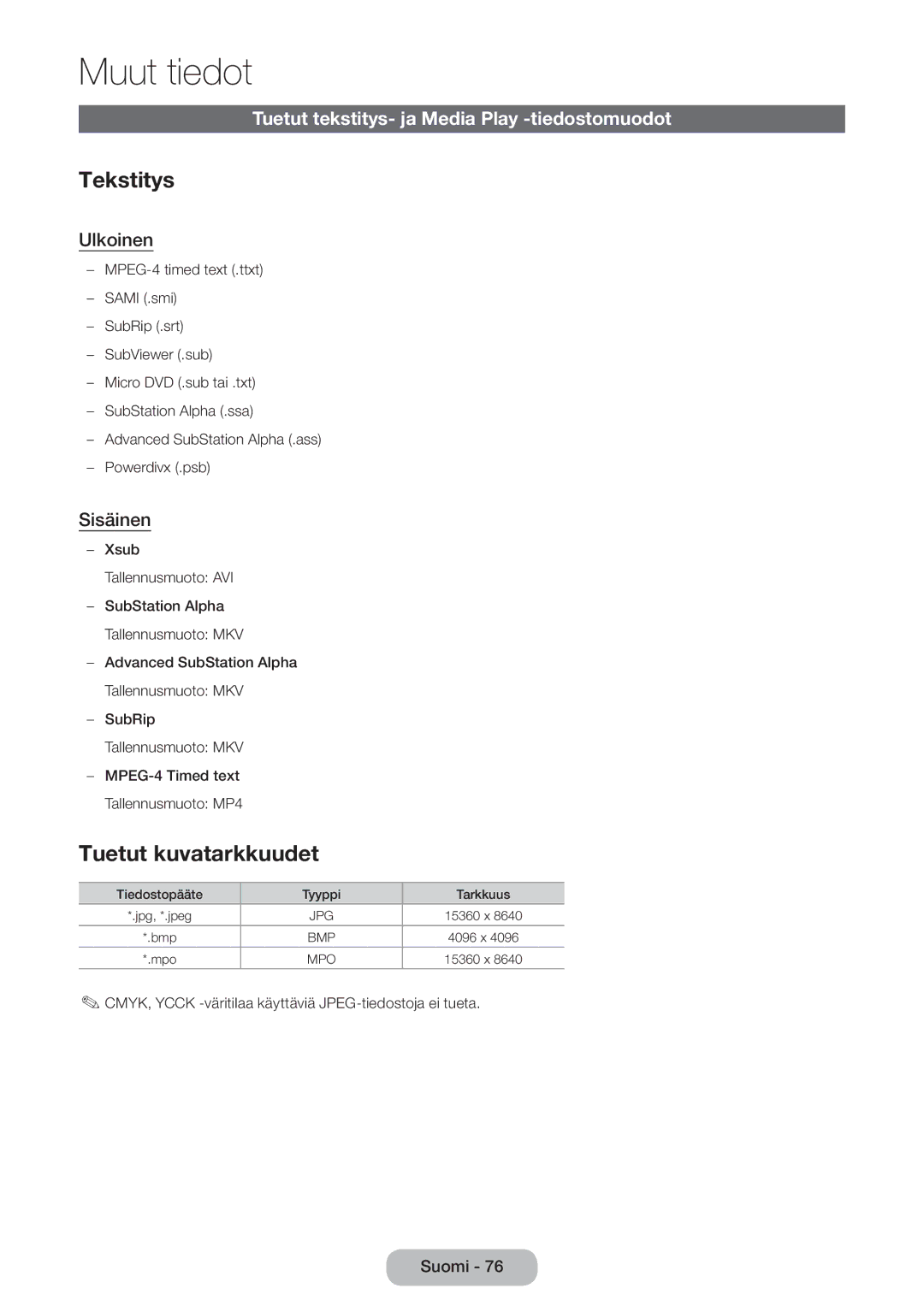 Samsung LT24D590EW/XE manual Tekstitys, Tuetut kuvatarkkuudet, Tuetut tekstitys- ja Media Play -tiedostomuodot, Ulkoinen 