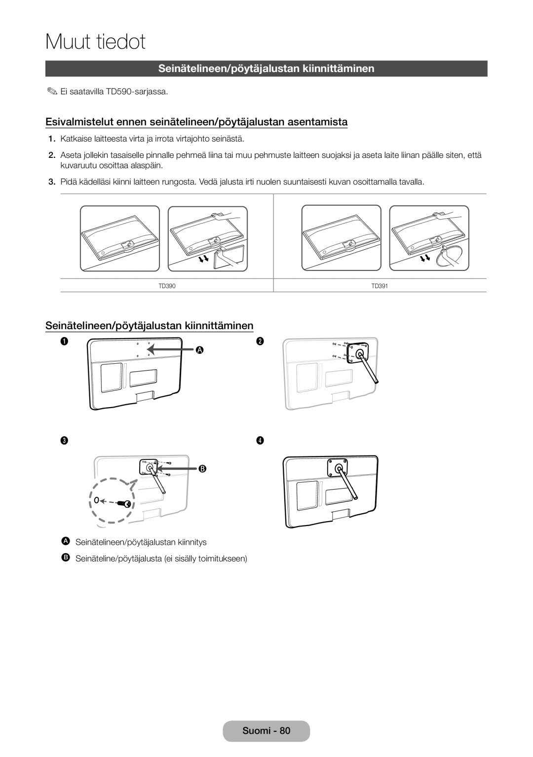 Samsung LT27D390EW/XE, LT22D390EW/XE, LT24D391EX/XE, LT27D590EW/XE, LT27D390EX/XE Seinätelineen/pöytäjalustan kiinnittäminen 