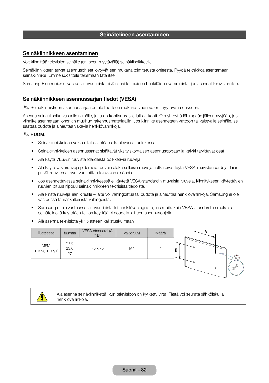 Samsung LT24D391EX/XE Seinätelineen asentaminen, Seinäkiinnikkeen asentaminen, Seinäkiinnikkeen asennussarjan tiedot Vesa 