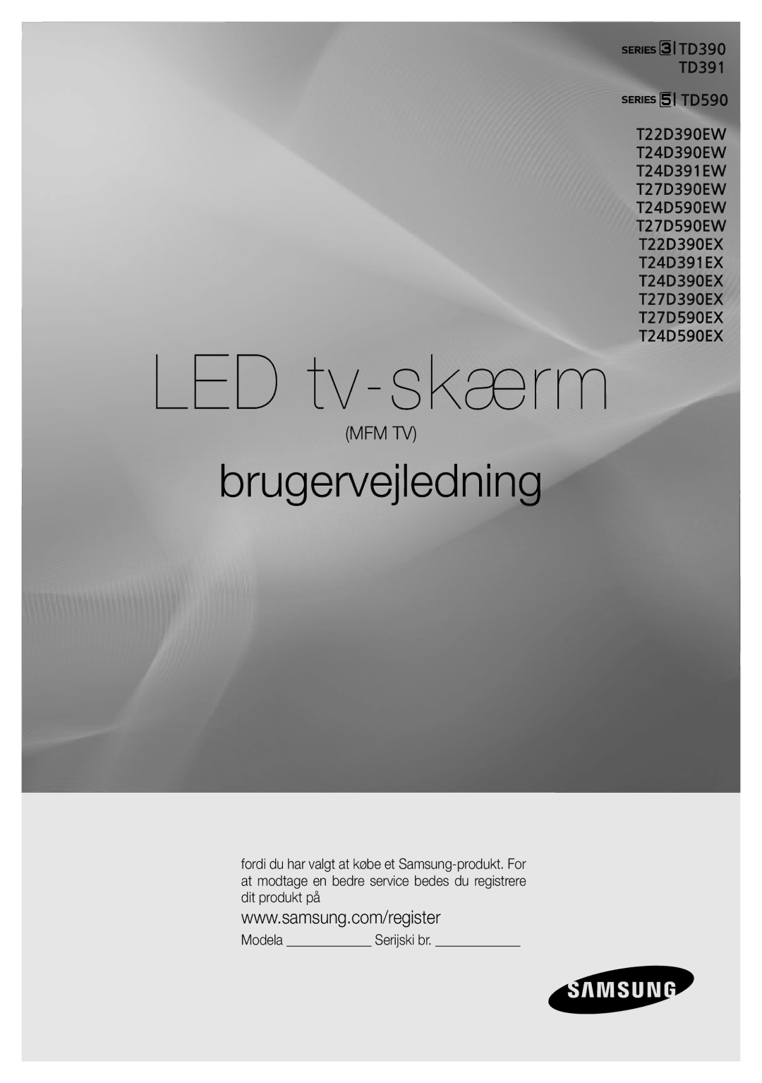 Samsung LT24D391EX/XE, LT22D390EW/XE, LT27D590EW/XE, LT27D390EX/XE, LT24D590EW/XE, LT22D390EX/XE manual LED tv-skærm 