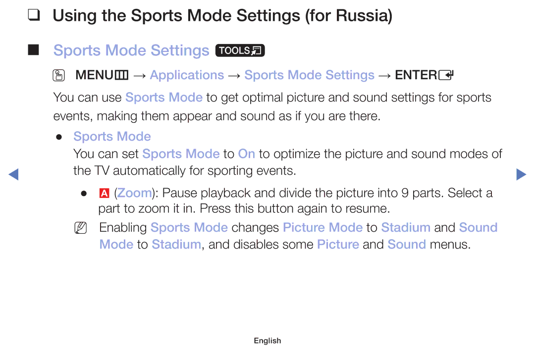 Samsung LT22E310EX/RU manual Using the Sports Mode Settings for Russia, Sports Mode Settings t 