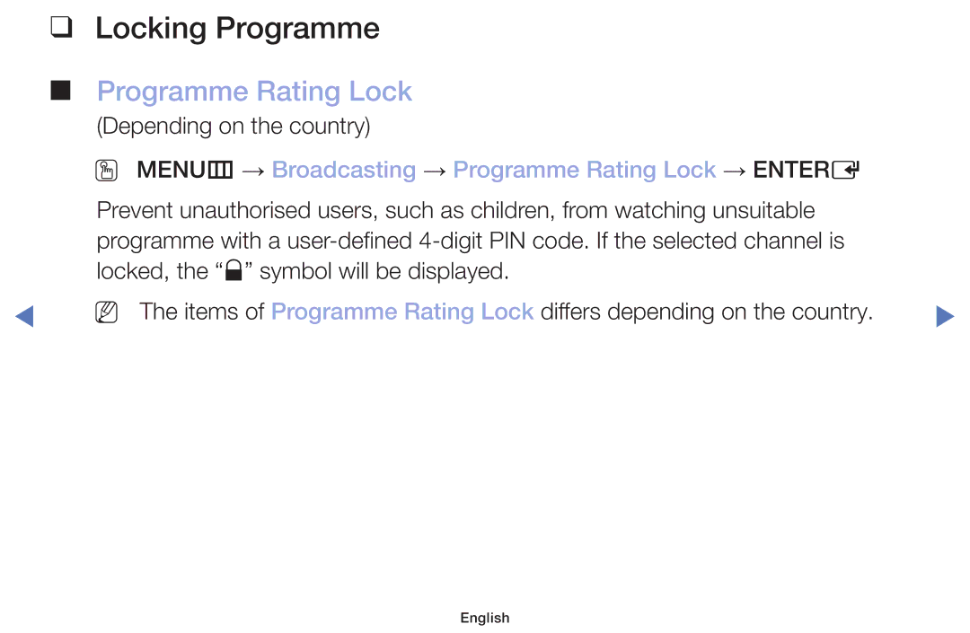 Samsung LT22E310EX/RU manual Locking Programme, OO MENUm → Broadcasting → Programme Rating Lock → Entere 