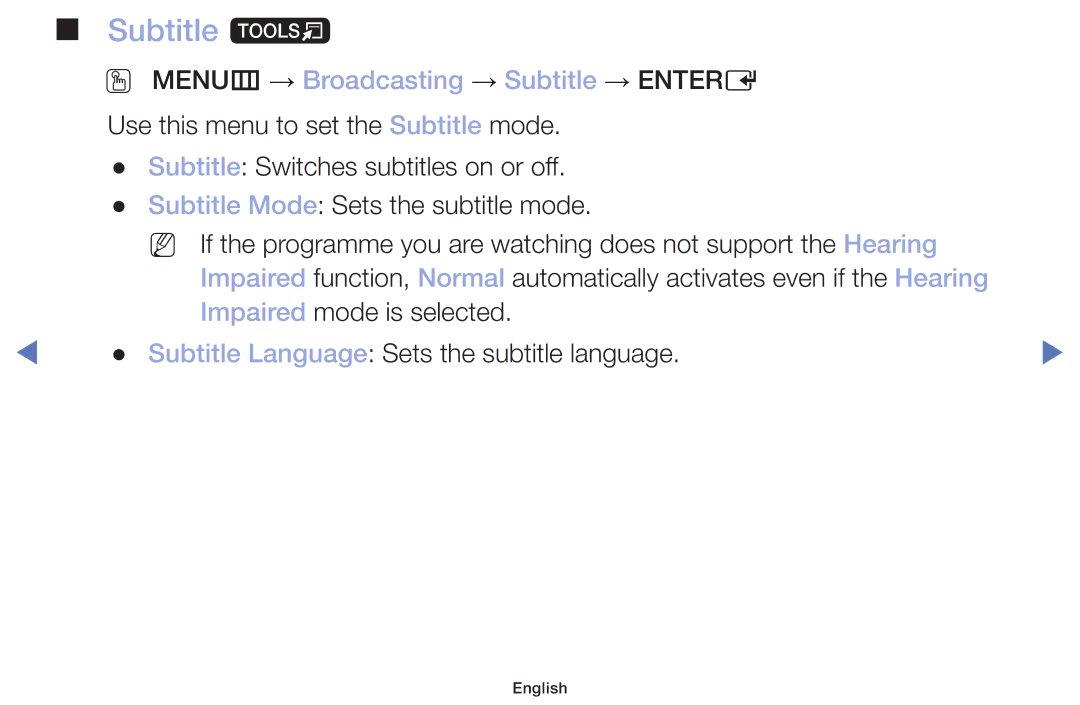Samsung LT22E310EX/RU manual Subtitle t, OO MENUm → Broadcasting → Subtitle → Entere 