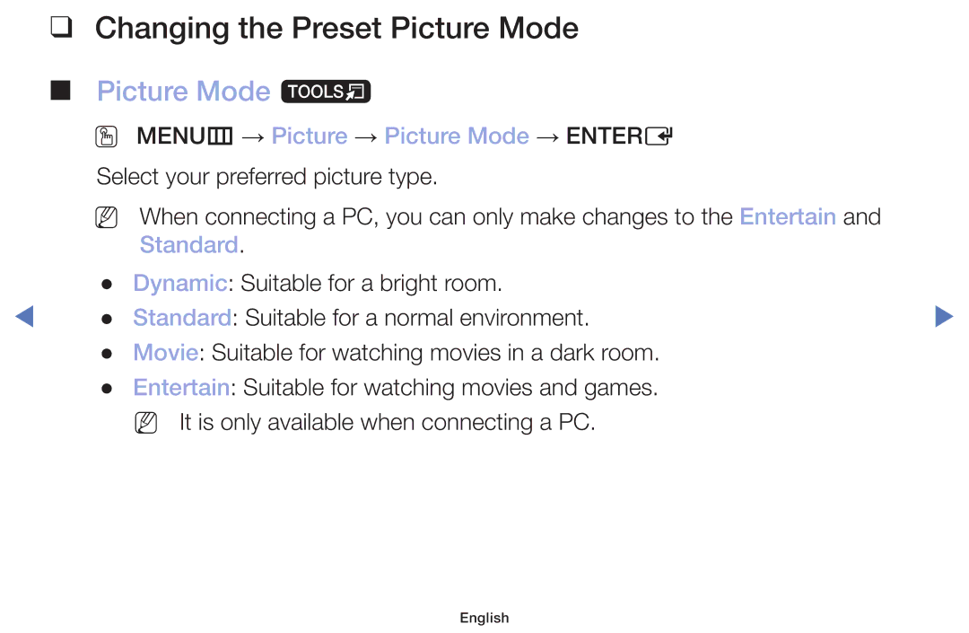 Samsung LT22E310EX/RU manual Changing the Preset Picture Mode, Picture Mode t, OO MENUm → Picture → Picture Mode → Entere 