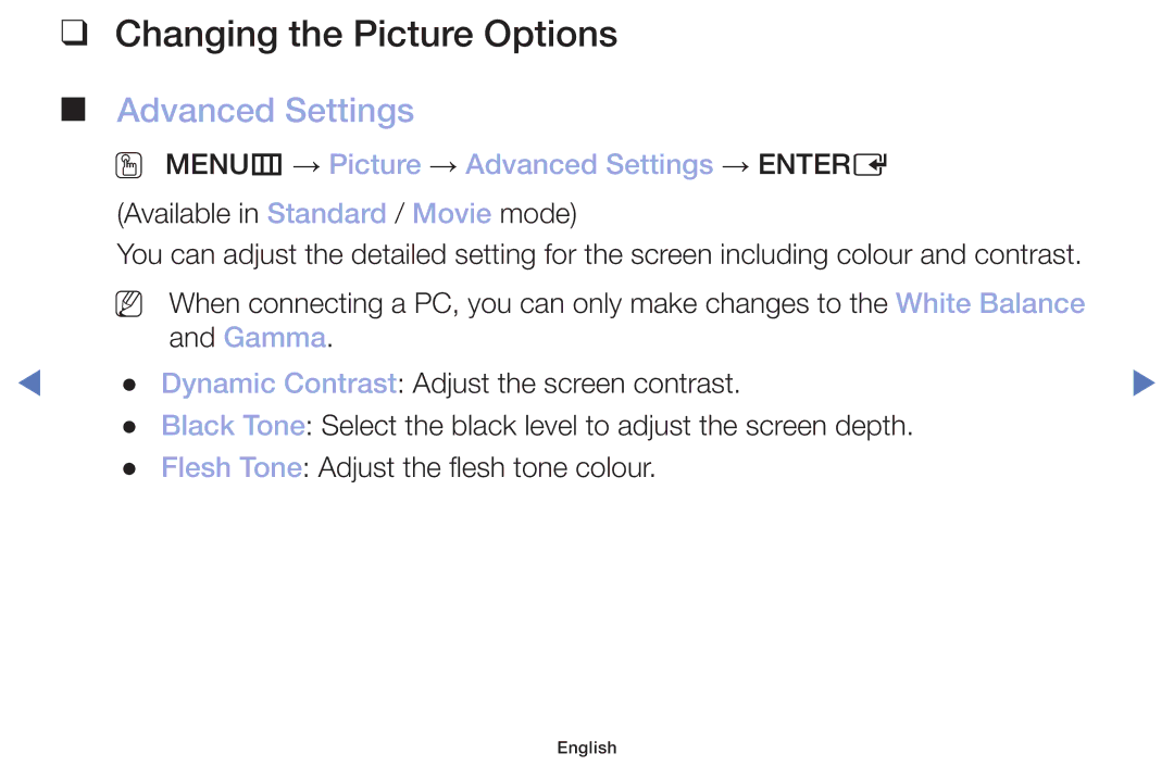 Samsung LT22E310EX/RU manual Changing the Picture Options, OO MENUm → Picture → Advanced Settings → Entere 