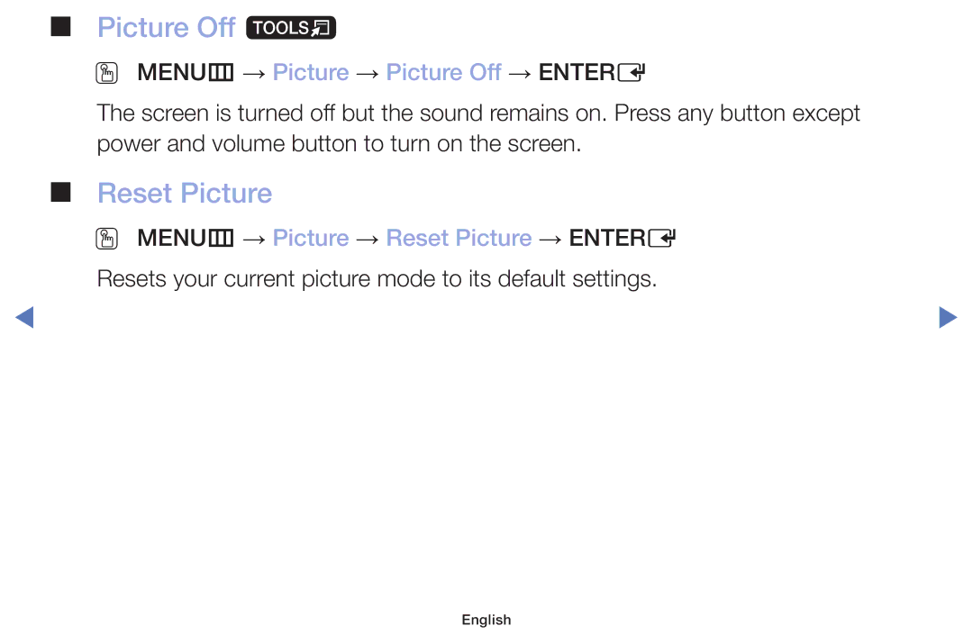 Samsung LT22E310EX/RU manual Picture Off t, Reset Picture, OO MENUm → Picture → Picture Off → Entere 