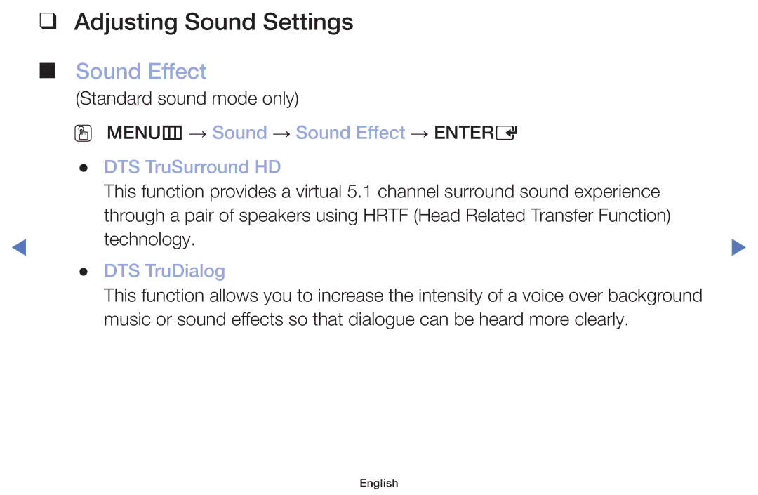 Samsung LT22E310EX/RU manual Adjusting Sound Settings, OO MENUm → Sound → Sound Effect → Entere DTS TruSurround HD 