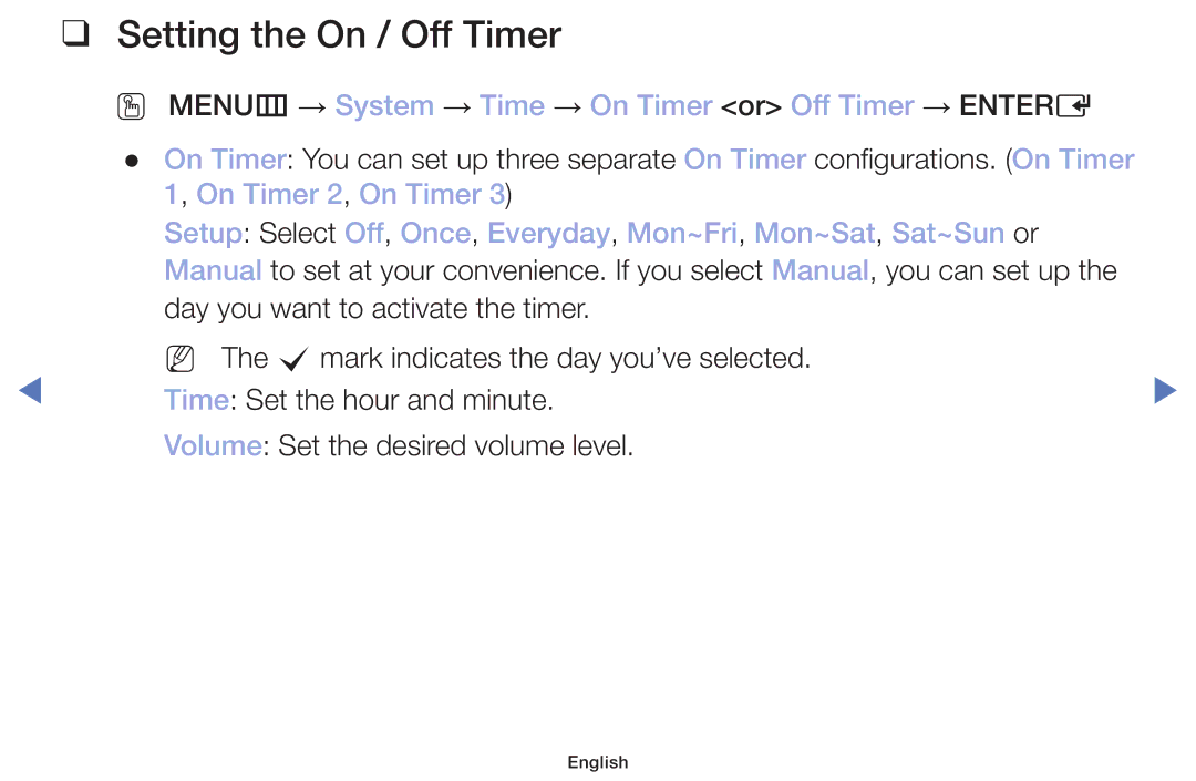 Samsung LT22E310EX/RU manual Setting the On / Off Timer, OO MENUm → System → Time → On Timer or Off Timer → Entere 