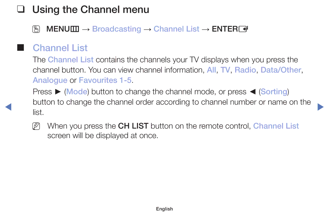 Samsung LT22E310EX/RU Using the Channel menu, OO MENUm → Broadcasting → Channel List → Entere, Analogue or Favourites 