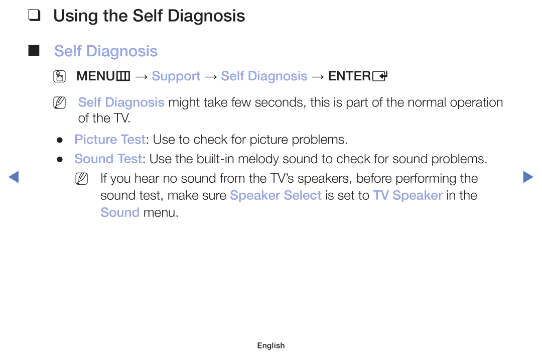 Samsung LT22E310EX/RU manual Using the Self Diagnosis, OO MENUm → Support → Self Diagnosis → Entere, Sound menu 