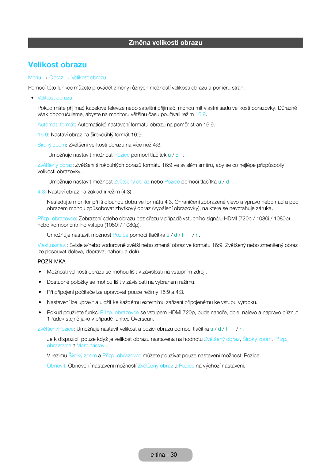 Samsung LT22E390EX/EN, LT22E390EW/EN, LT24E390EW/EN manual Změna velikosti obrazu, Menu → Obraz → Velikost obrazu 