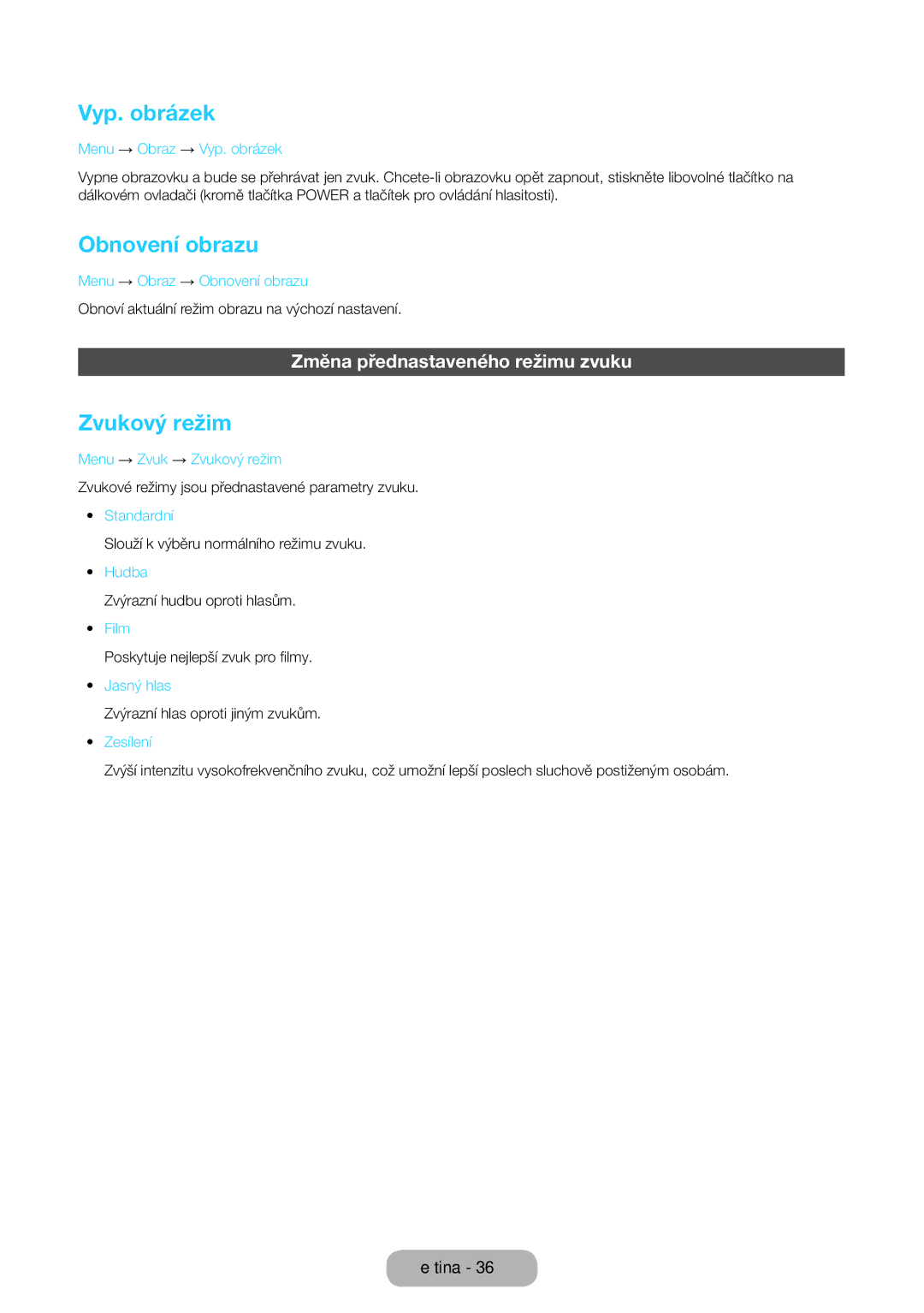 Samsung LT22E390EW/EN, LT24E390EW/EN manual Vyp. obrázek, Obnovení obrazu, Zvukový režim, Změna přednastaveného režimu zvuku 