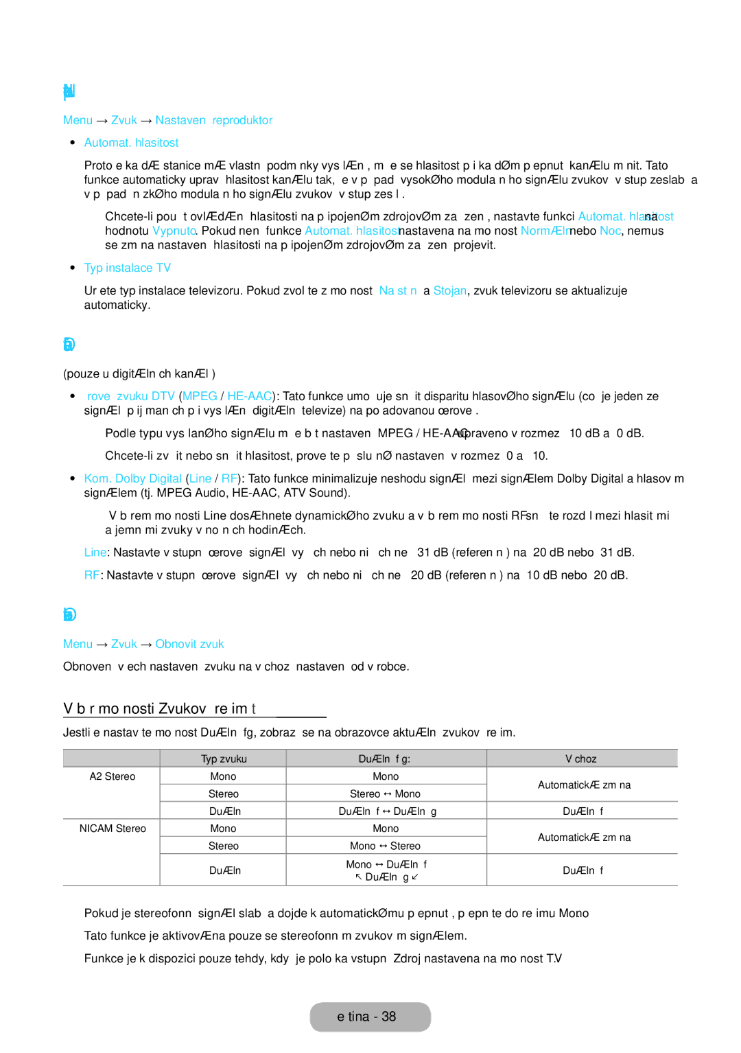 Samsung LT22E390EX/EN, LT22E390EW/EN Nastavení reproduktorů, Další nastavení, Obnovit zvuk, Výběr možnosti Zvukový režim t 