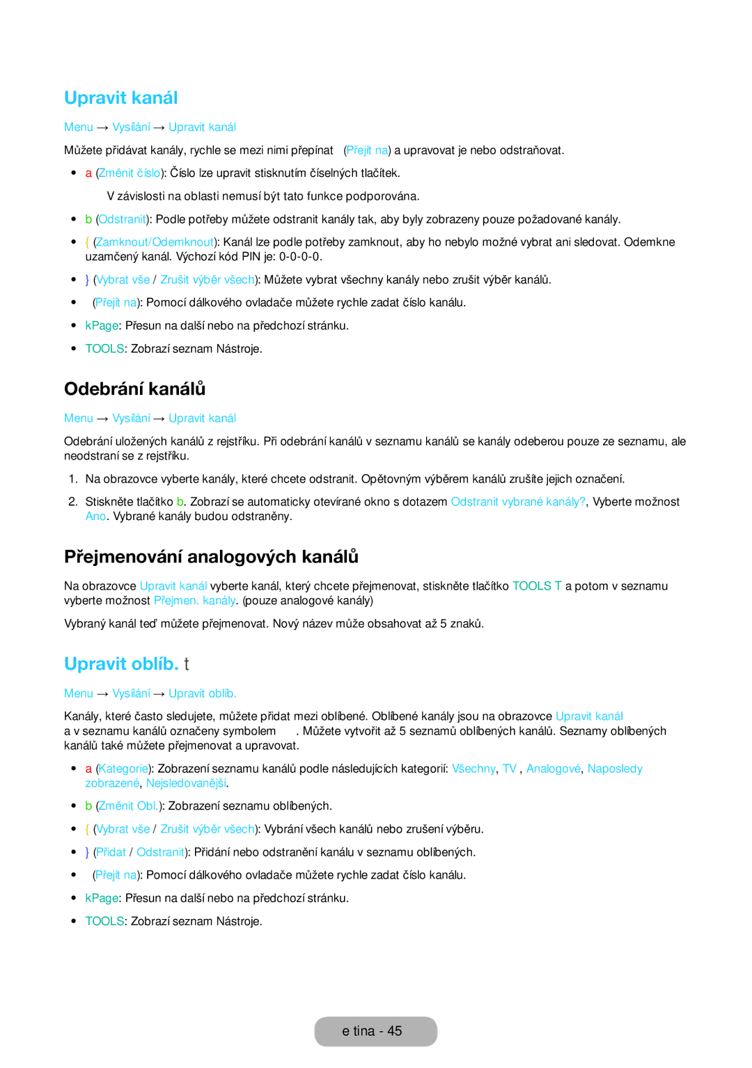 Samsung LT24E390EW/EN, LT22E390EW/EN Upravit kanál, Odebrání kanálů, Přejmenování analogových kanálů, Upravit oblíb. t 