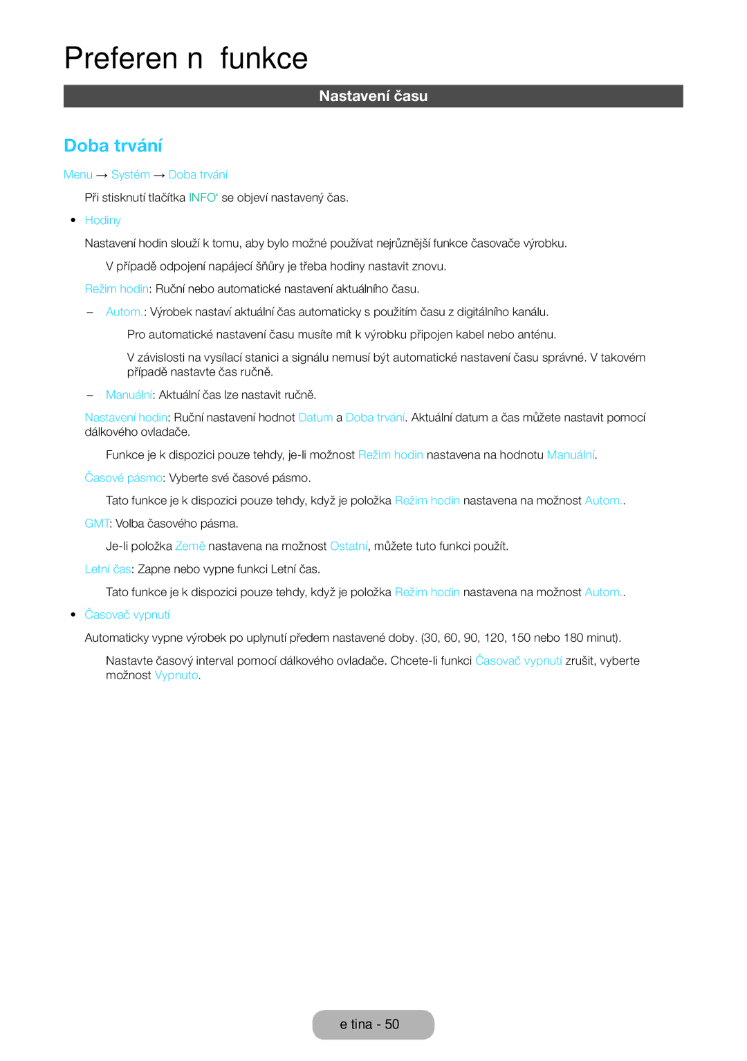 Samsung LT22E390EX/EN, LT22E390EW/EN manual Nastavení času, Menu → Systém → Doba trvání, Hodiny, Časovač vypnutí 