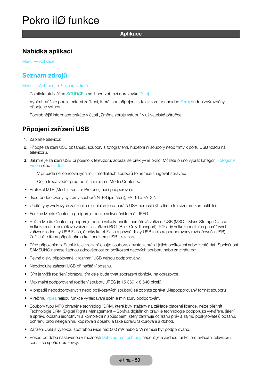 Samsung LT24E390EX/EN, LT22E390EW/EN, LT24E390EW/EN manual Nabídka aplikací, Seznam zdrojů, Připojení zařízení USB, Aplikace 
