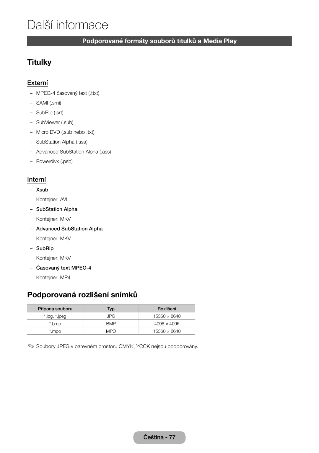 Samsung LT24E390EW/EN Titulky, Podporovaná rozlišení snímků, Podporované formáty souborů titulků a Media Play, Externí 