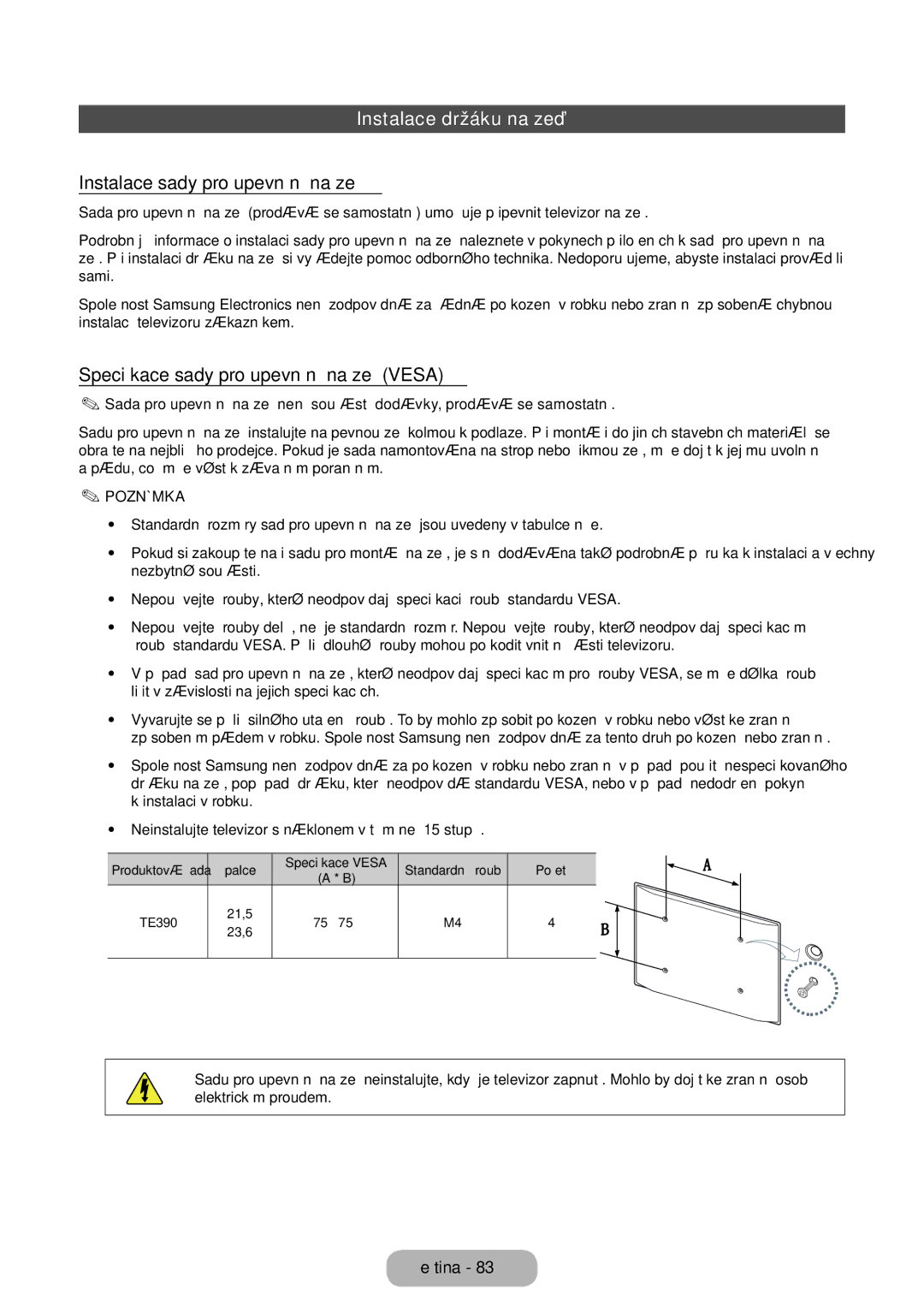 Samsung LT24E390EX/EN, LT22E390EW/EN, LT24E390EW/EN manual Instalace držáku na zeď, Instalace sady pro upevnění na zeď 