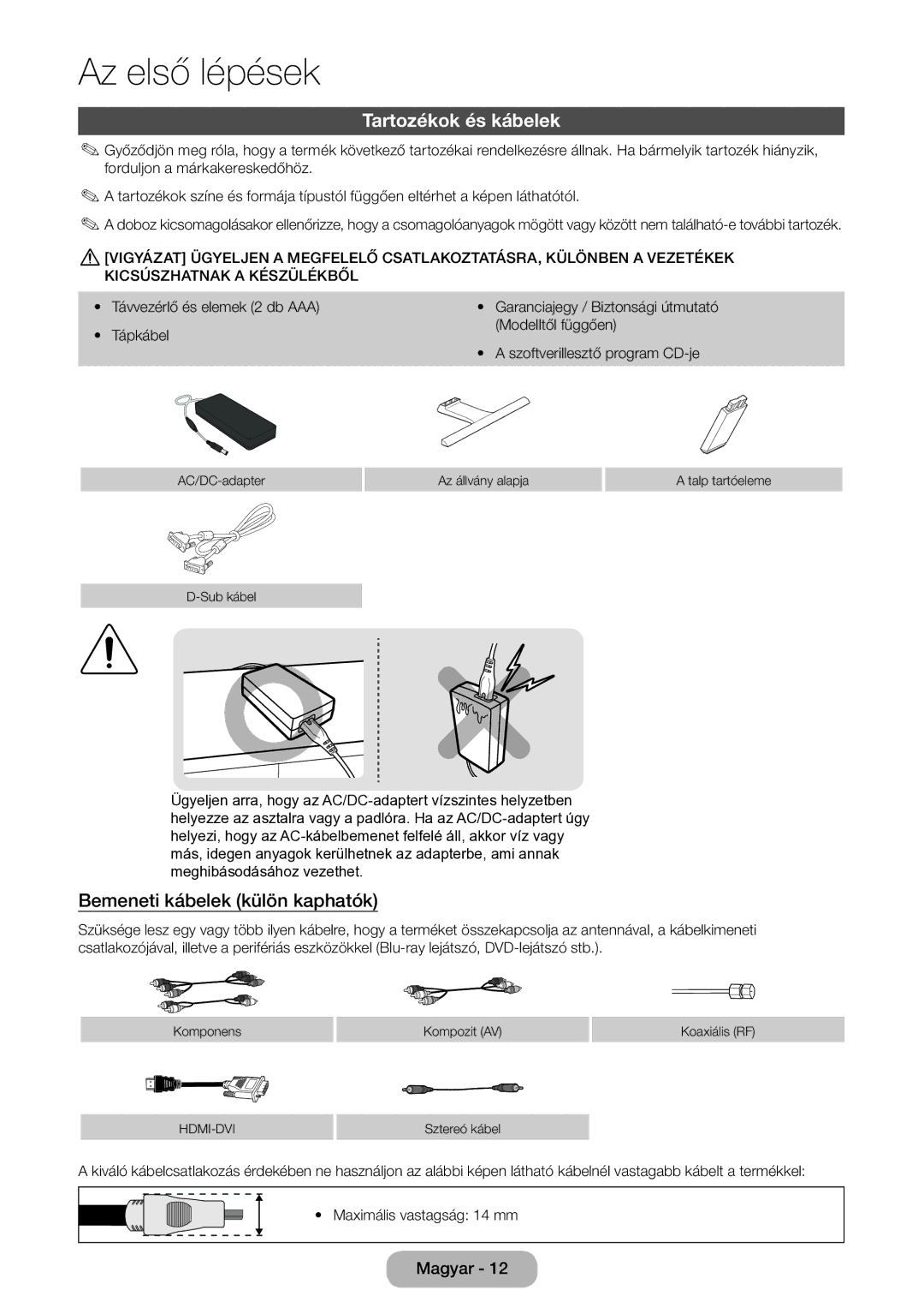 Samsung LT22E390EW/EN, LT24E390EW/EN Tartozékok és kábelek, Bemeneti kábelek külön kaphatók, Távvezérlő és elemek 2 db AAA 