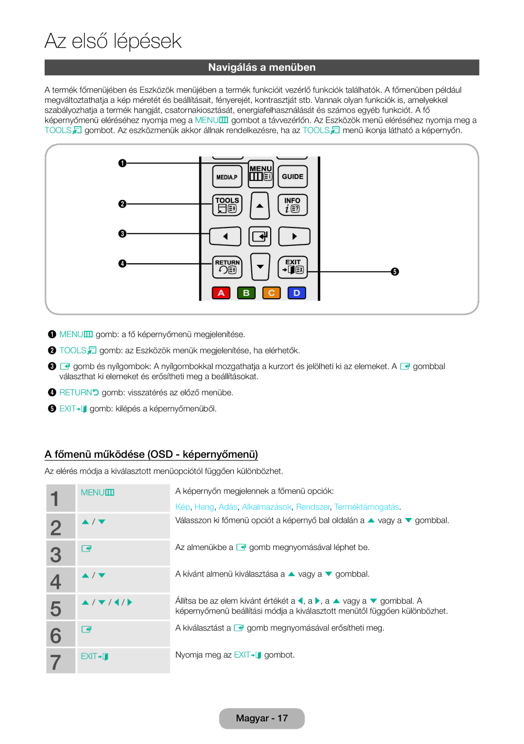 Samsung LT24E390EW/EN manual Navigálás a menüben, Főmenü működése OSD képernyőmenü, Képernyőn megjelennek a főmenü opciók 