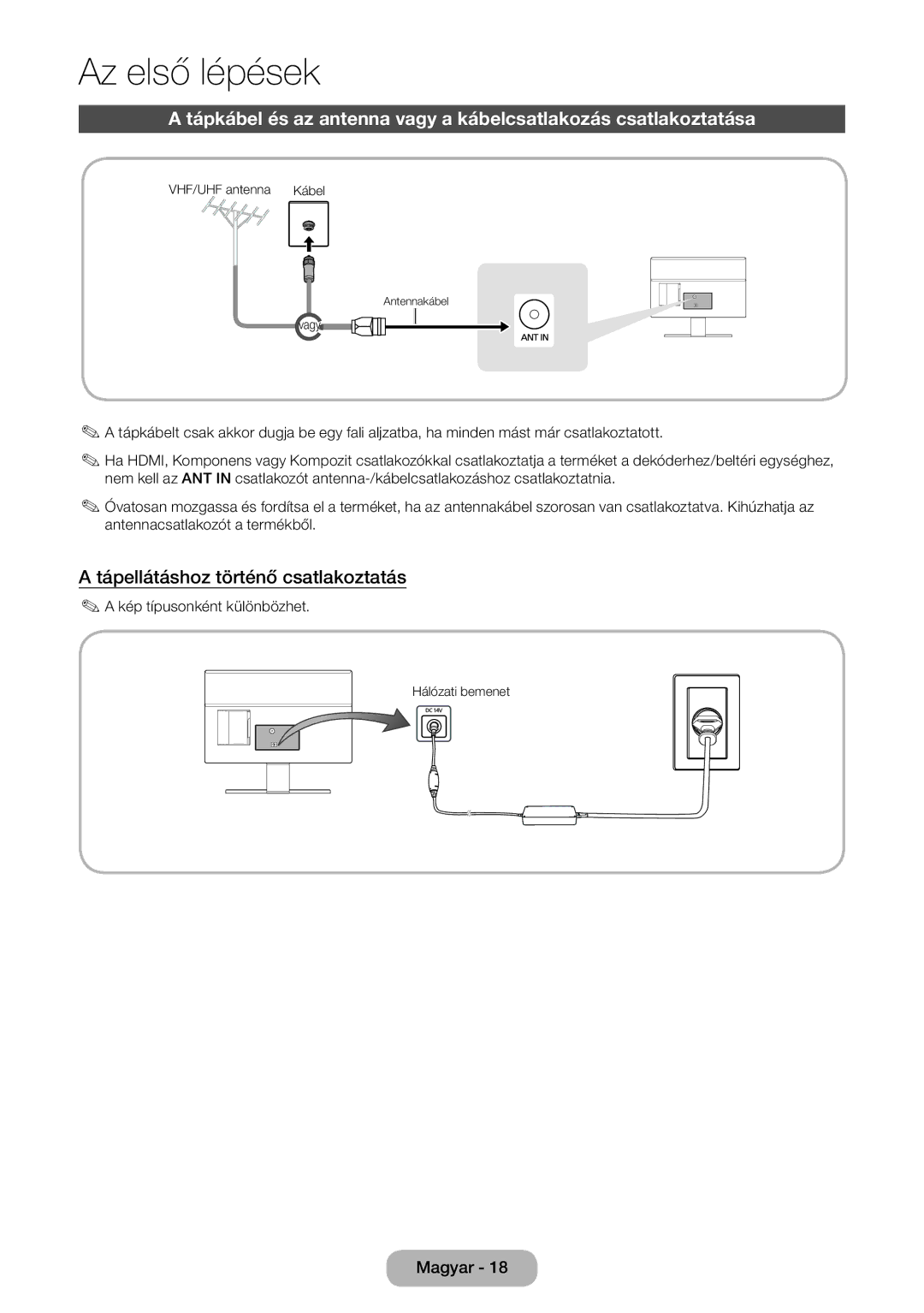 Samsung LT22E390EX/EN, LT22E390EW/EN, LT24E390EW/EN manual Tápellátáshoz történő csatlakoztatás, Kép típusonként különbözhet 