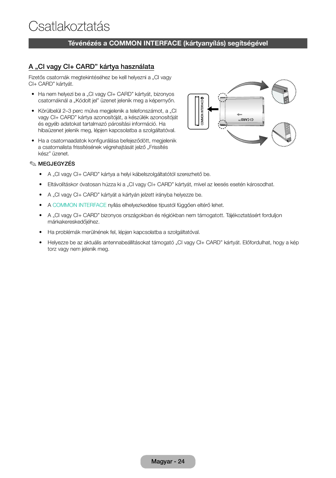 Samsung LT22E390EW/EN manual Tévénézés a Common Interface kártyanyílás segítségével, „CI vagy CI+ Card kártya használata 