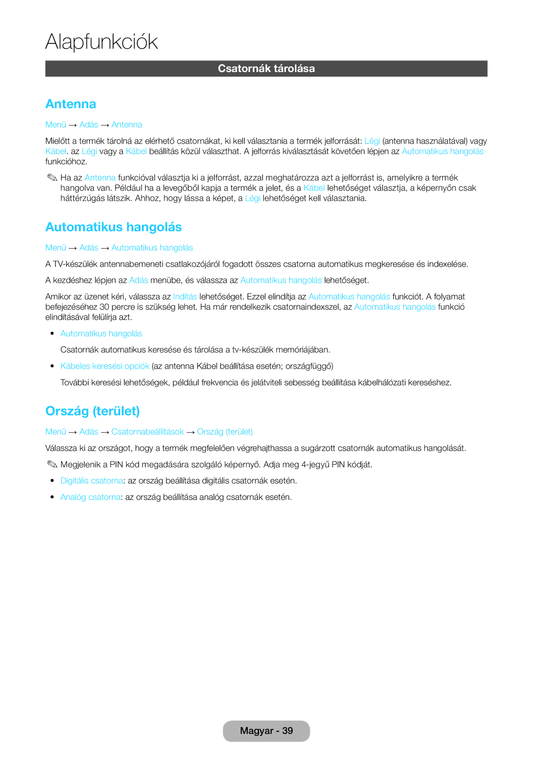 Samsung LT24E390EX/EN, LT22E390EW/EN, LT24E390EW/EN manual Antenna, Automatikus hangolás, Ország terület, Csatornák tárolása 