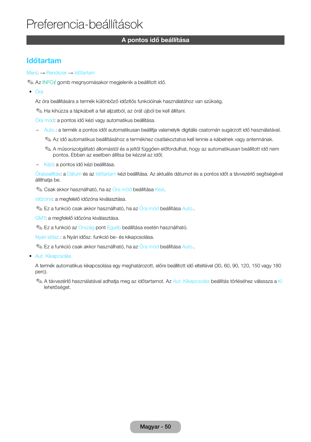 Samsung LT22E390EX/EN, LT22E390EW/EN manual Pontos idő beállítása, Menü → Rendszer → Időtartam, Aut. Kikapcsolás 