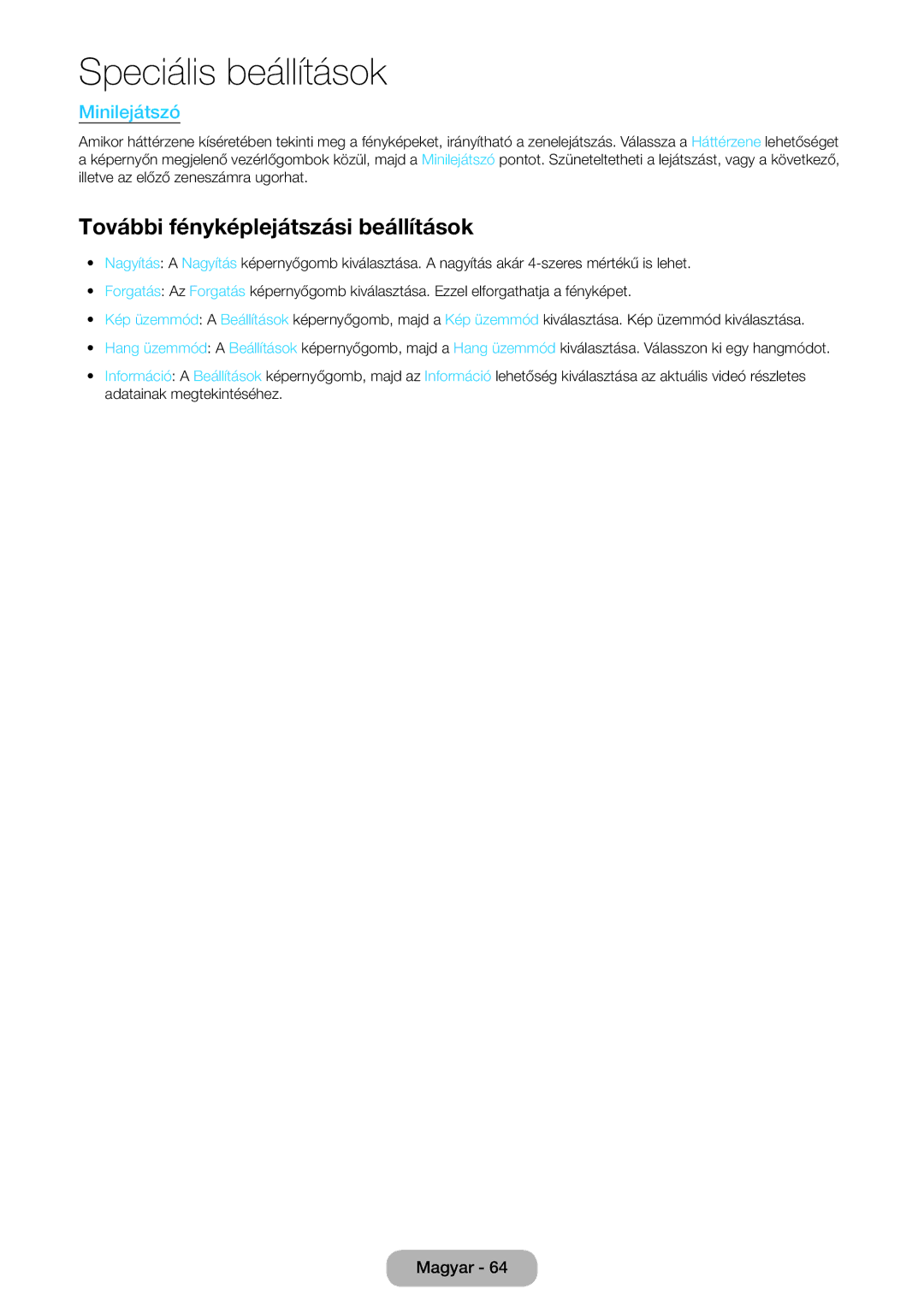 Samsung LT22E390EW/EN, LT24E390EW/EN, LT22E390EX/EN, LT24E390EX/EN manual További fényképlejátszási beállítások, Minilejátszó 