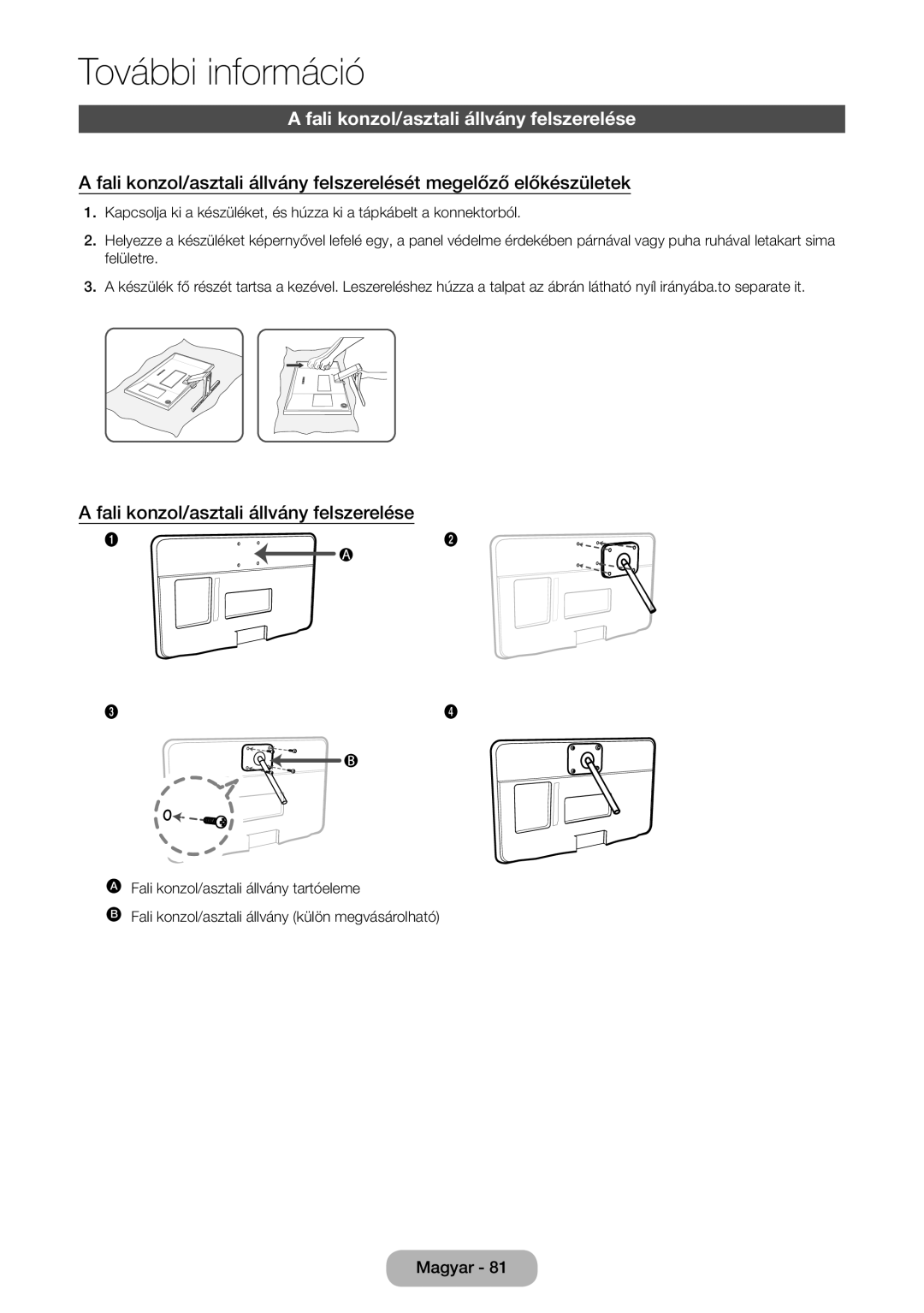 Samsung LT24E390EW/EN, LT22E390EW/EN, LT22E390EX/EN, LT24E390EX/EN manual Fali konzol/asztali állvány felszerelése 