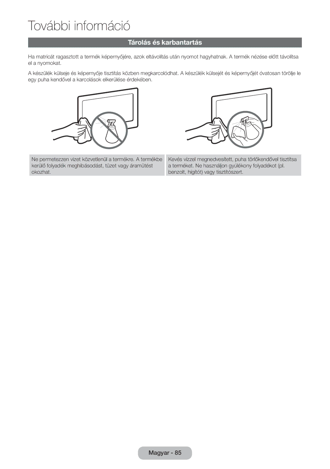 Samsung LT24E390EW/EN, LT22E390EW/EN, LT22E390EX/EN, LT24E390EX/EN manual Tárolás és karbantartás 