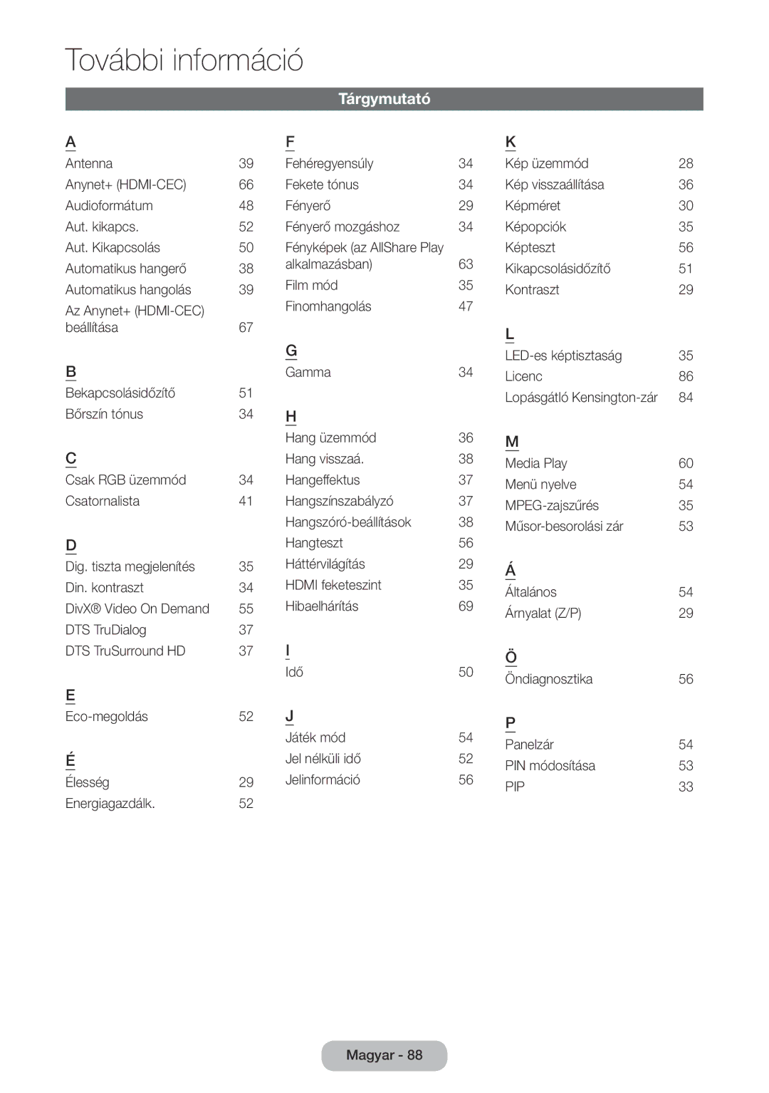 Samsung LT22E390EW/EN, LT24E390EW/EN manual Tárgymutató, 36 M, 29 Á, Hangszóró-beállítások, Lopásgátló Kensington-zár 