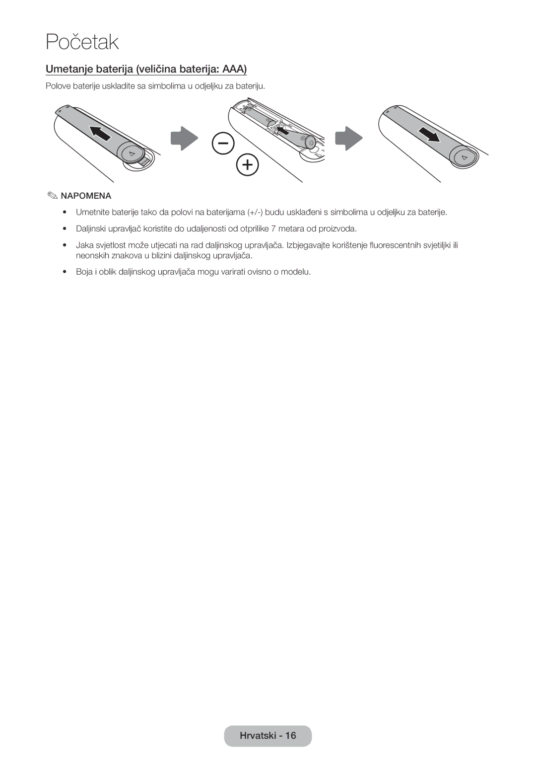 Samsung LT24E390EW/EN, LT22E390EW/EN, LT24E390EX/EN manual Umetanje baterija veličina baterija AAA, Napomena 