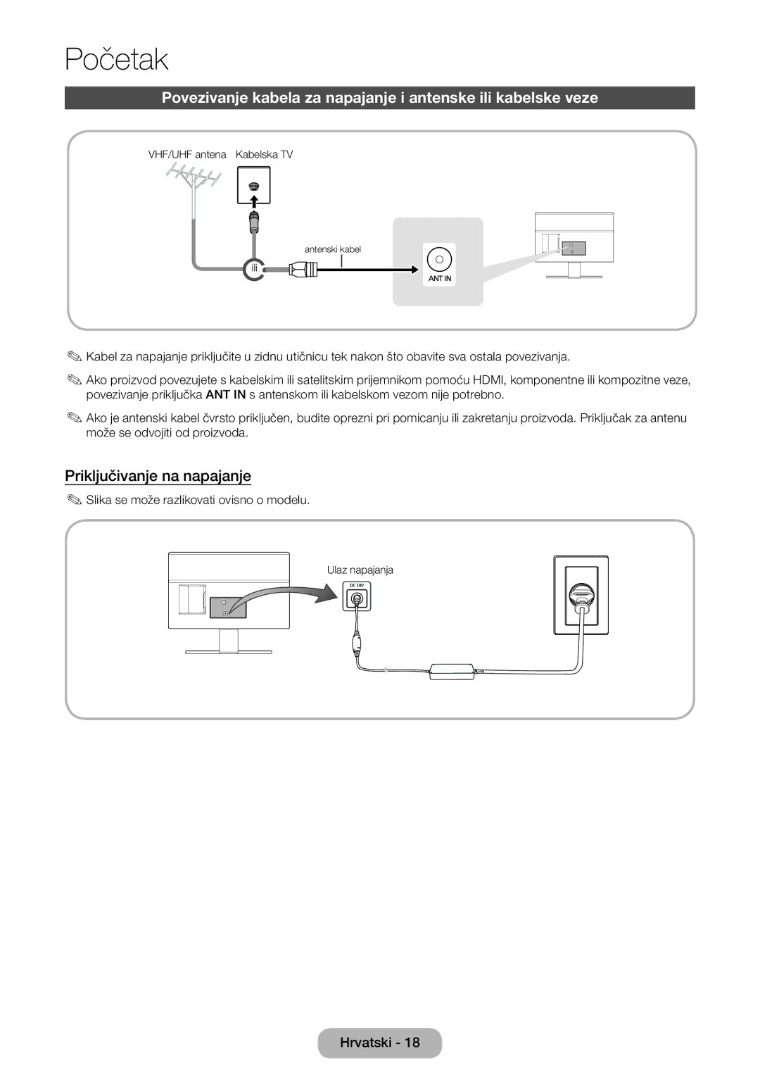 Samsung LT22E390EW/EN manual Povezivanje kabela za napajanje i antenske ili kabelske veze, Priključivanje na napajanje 