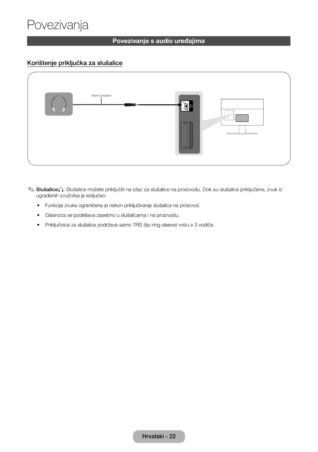 Samsung LT24E390EW/EN, LT22E390EW/EN, LT24E390EX/EN manual Povezivanje s audio uređajima, Korištenje priključka za slušalice 