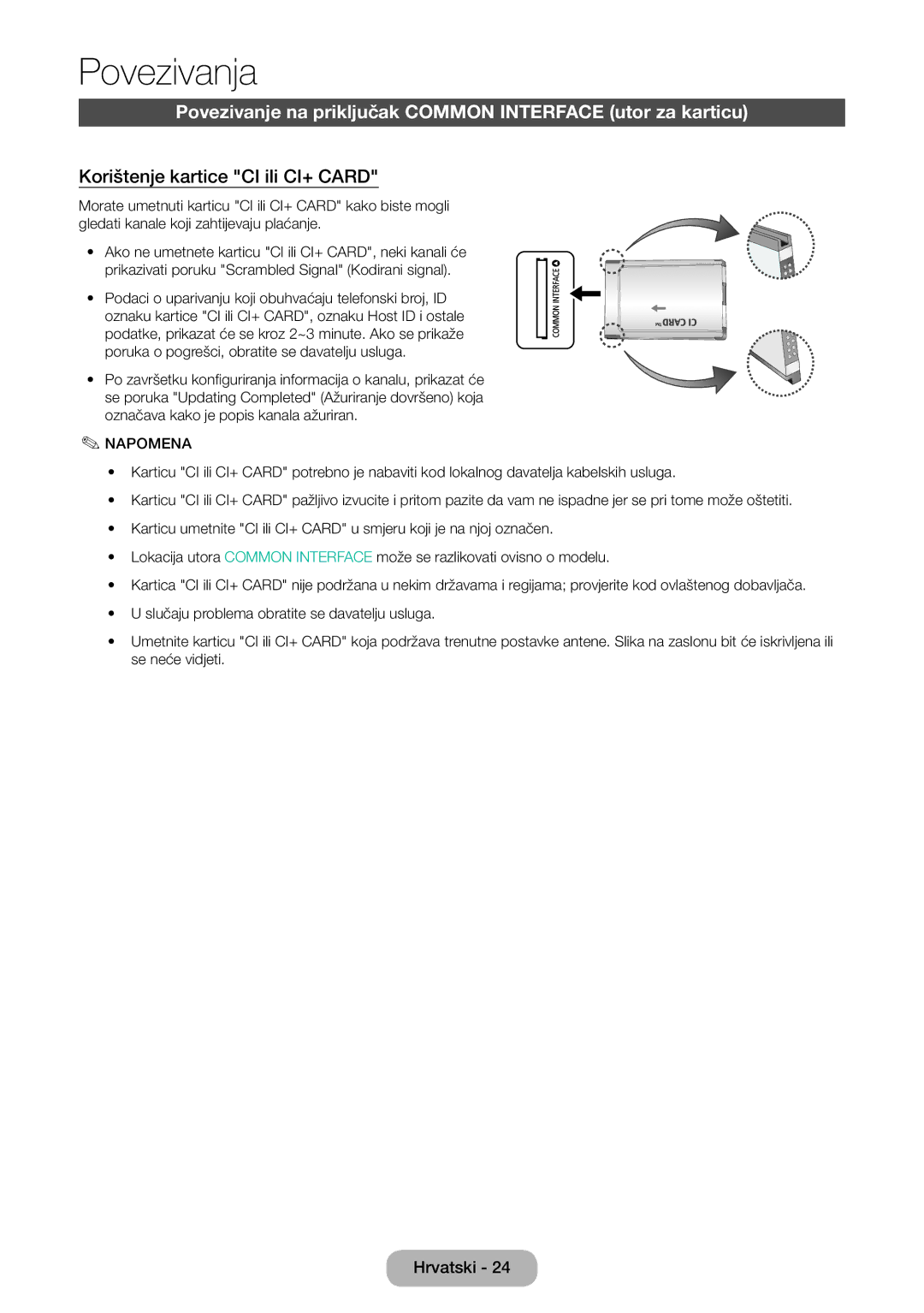 Samsung LT22E390EW/EN manual Povezivanje na priključak Common Interface utor za karticu, Korištenje kartice CI ili CI+ Card 