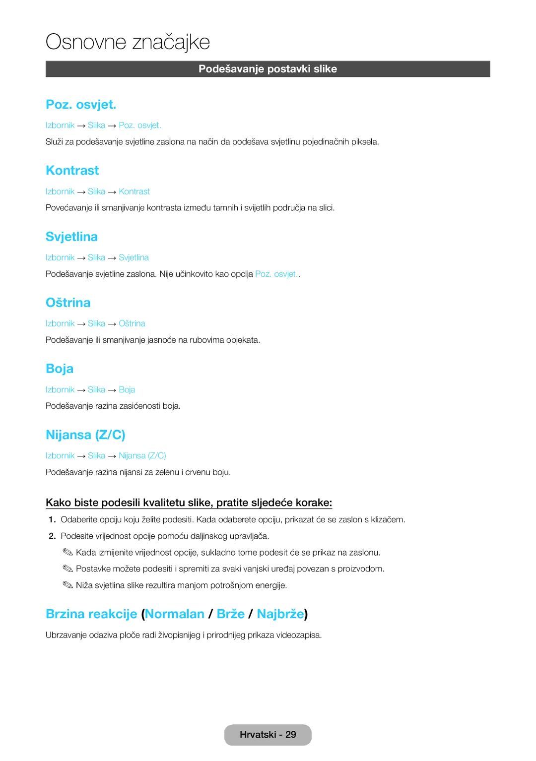 Samsung LT24E390EX/EN, LT22E390EW/EN, LT24E390EW/EN manual Poz. osvjet, Kontrast, Svjetlina, Oštrina, Boja, Nijansa Z/C 