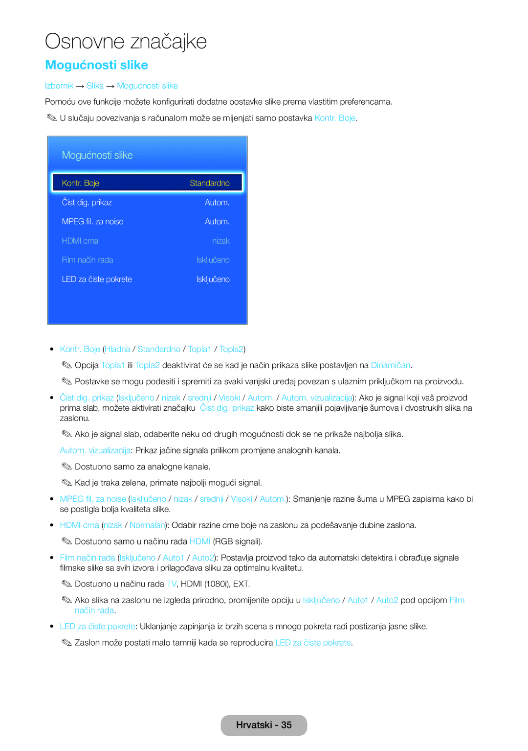 Samsung LT24E390EX/EN manual Izbornik → Slika → Mogućnosti slike, Kontr. Boje Hladna / Standardno / Topla1 / Topla2 