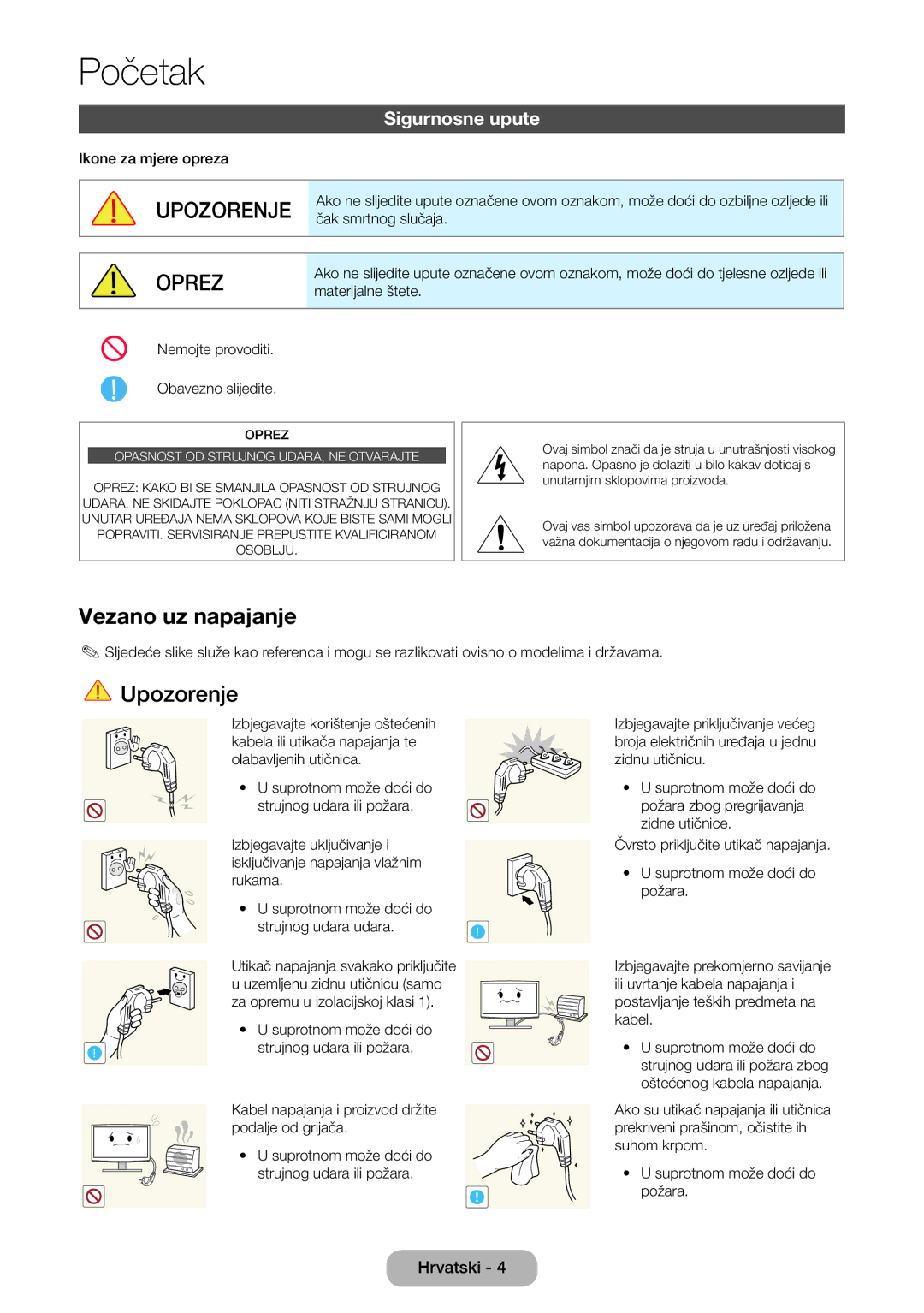 Samsung LT24E390EW/EN, LT22E390EW/EN, LT24E390EX/EN manual Vezano uz napajanje, Sigurnosne upute 